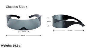 Detailed technical diagram showing 144mm width and 130mm temple length of the party glasses