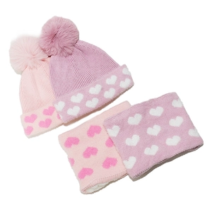 Set cappello e sciarpa in maglia rosa e viola con motivi a cuore per bambini