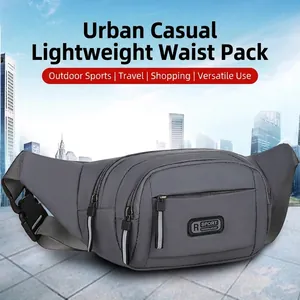 Waterproof grey outdoor waist bag with multi-layer zipper pockets and adjustable strap