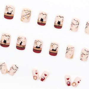 Square matte press-on nails featuring oriental night cat and branch art on beige base