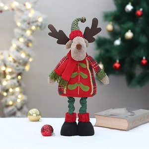 Plush Christmas reindeer doll with telescopic legs for festive holiday tabletop decoration