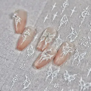 3D embossed white butterfly and star nail stickers on glitter pink manicure