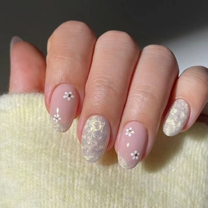 Pink Flower Press On Nails ABS Plastic Water Ripple Cat Eye Silver Glitter French Style Oval Shape Detachable For Women