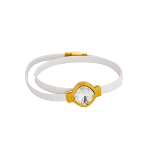 Close-up of a double-layer white leather bracelet with a large square cut crystal