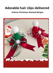 Detail of Christmas hat hair clip with red green felt, lace trim, and snowflake bow