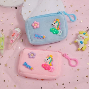 Cute plush unicorn coin purse for girls with zipper closure and plastic keychain clip