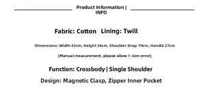Detailed size guide and fabric specs for floral canvas tote bag with cotton lining