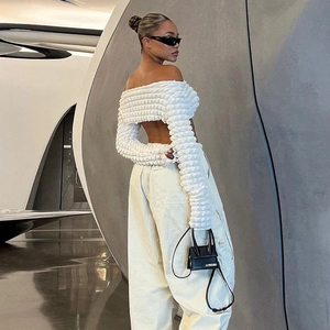 Chic off-shoulder bubble textured long sleeve top with high waist cargo trousers set