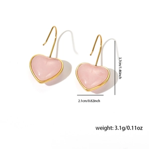 Pink heart resin earrings with gold edges and dimensions 3.7cm by 2.1cm displayed
