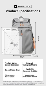 Waterproof backpack size comparison showing 45x30x14cm dimensions and laptop fit