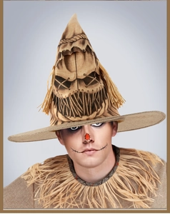 Detailed view of burlap witch hat and straw neckpiece for Halloween scarecrow cosplay
