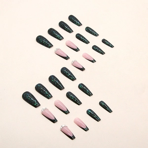 Emerald glitter long ballet press-on nails with black French tips and pearl accents
