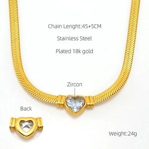 18K gold plated stainless steel snake chain necklace with heart zircon pendant