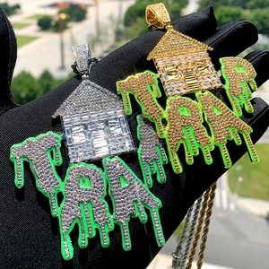 Hip hop TRAP house pendants in gold and silver with green enamel and zircons