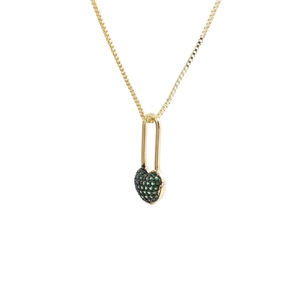 Golden box chain necklace with rectangle lock and green gemstone heart pendant