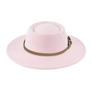 Detail of pink wool felt hat featuring a wide brim and brown leather belt with gold buckle