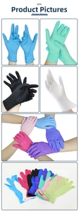 Detailed close-up of disposable nitrile gloves in various colors showing elastic fit