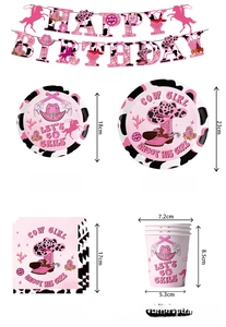 Pink cowgirl theme party tableware set with banners, plates, cups and napkins