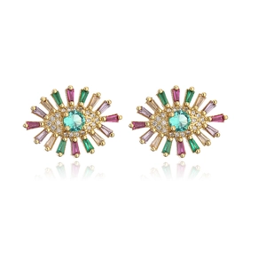 18K gold plated eye earrings with micro-set zircon and multicolored baguette stones