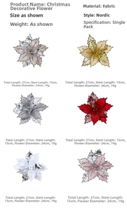 Detailed size chart and 6 color options for 24cm artificial Christmas fabric flowers