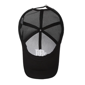 Inside view of black breathable camouflage mesh baseball cap with white embroidery