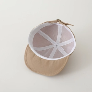 Khaki baby sun hat with breathable white mesh lining and adjustable metal buckle