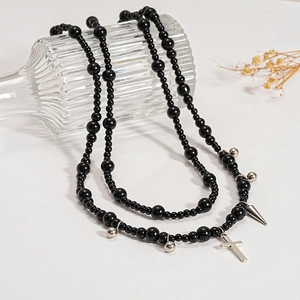 Vintage gothic double-layer beaded choker with silver cross and spike charms