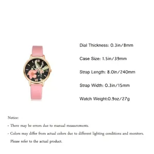 Detailed size chart for floral women's watch with pink strap and golden case dimensions