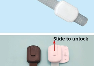 Detail van verstelbaar veiligheidsslot voor lades met een push-to-unlock mechanisme
