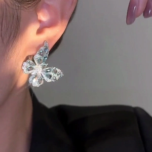 Elegant butterfly zircon earrings in silver finish worn by a model for a luxury look