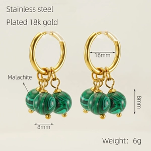 Detail of 18k gold plated hoop earrings featuring three 8mm malachite beads and dimensions