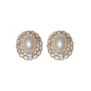 French style multi-layer faux pearl stud earrings with crystal halo in gold finish