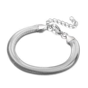 Sleek silver stainless steel flat snake bone chain bracelet with adjustable clasp