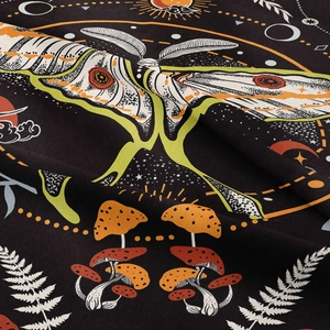 Bohemian butterfly tapestry with celestial moon phases and mushroom forest pattern