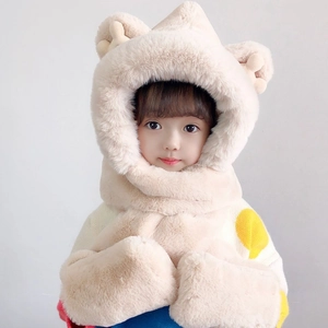 Kids warm 3-in-1 plush hood scarf and gloves set with cute animal ears in beige