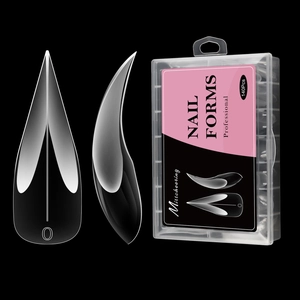 Detail of 140pcs clear nail extension forms with measurement scales in storage box