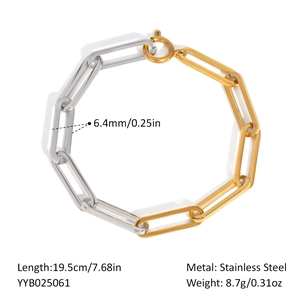 Detailed view of dual-tone paperclip chain bracelet in gold and silver finish