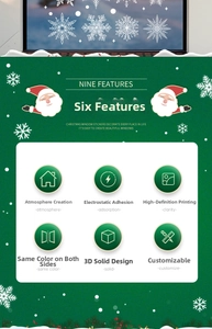 Detail showing static cling snowflake window stickers with double-sided color for Christmas