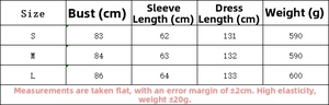 Size guide for leopard print knit maxi dress with measurements in centimeters and grams
