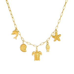 Gold stainless steel ocean theme necklace featuring dolphin turtle and starfish charms