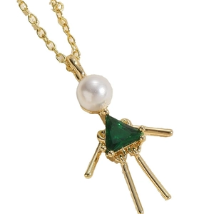 Chic gold necklace with pearl girl pendant and emerald green gemstone for women