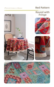 Close-up of red bohemian round tablecloth with jacquard medallion patterns and fringe trim