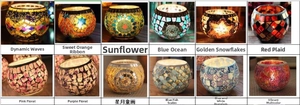 Detailed grid showing twelve mosaic glass candle holder styles with warm glowing light