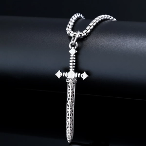 Polished stainless steel sword pendant with baroque patterns and box chain necklace