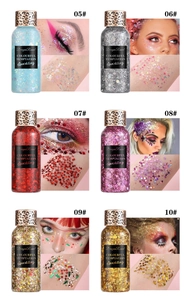 Gedetailleerde swatches en make-upeffecten van zes glitter oogschaduwgels met luipaarddoppen