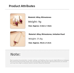 Size and material details for rhinestone flower earrings and pearl water drop necklace