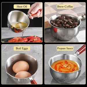 SUS304 stainless steel oil heating pot with wood handle and 200ml scale markings