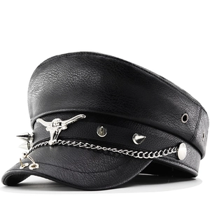 Punk PU Leather Military Hat With Bull Head Rivets And Metal Chain Adjustable Flat Top Sailor Cap Rock Style