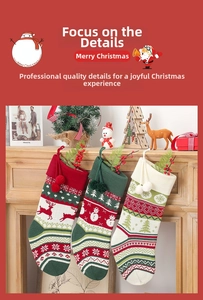 Detail of knitted Christmas stockings with reindeer and snowman patterns on a fireplace