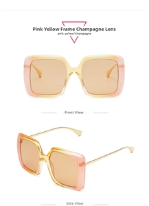 Front and side view of large square pink yellow gradient sunglasses with champagne lenses